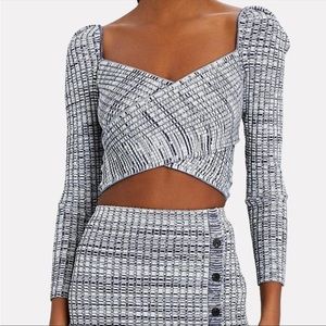 NWT Self-Portrait Ribbed Knit Cropped Top Crossover Ribbed Navy White, S…
